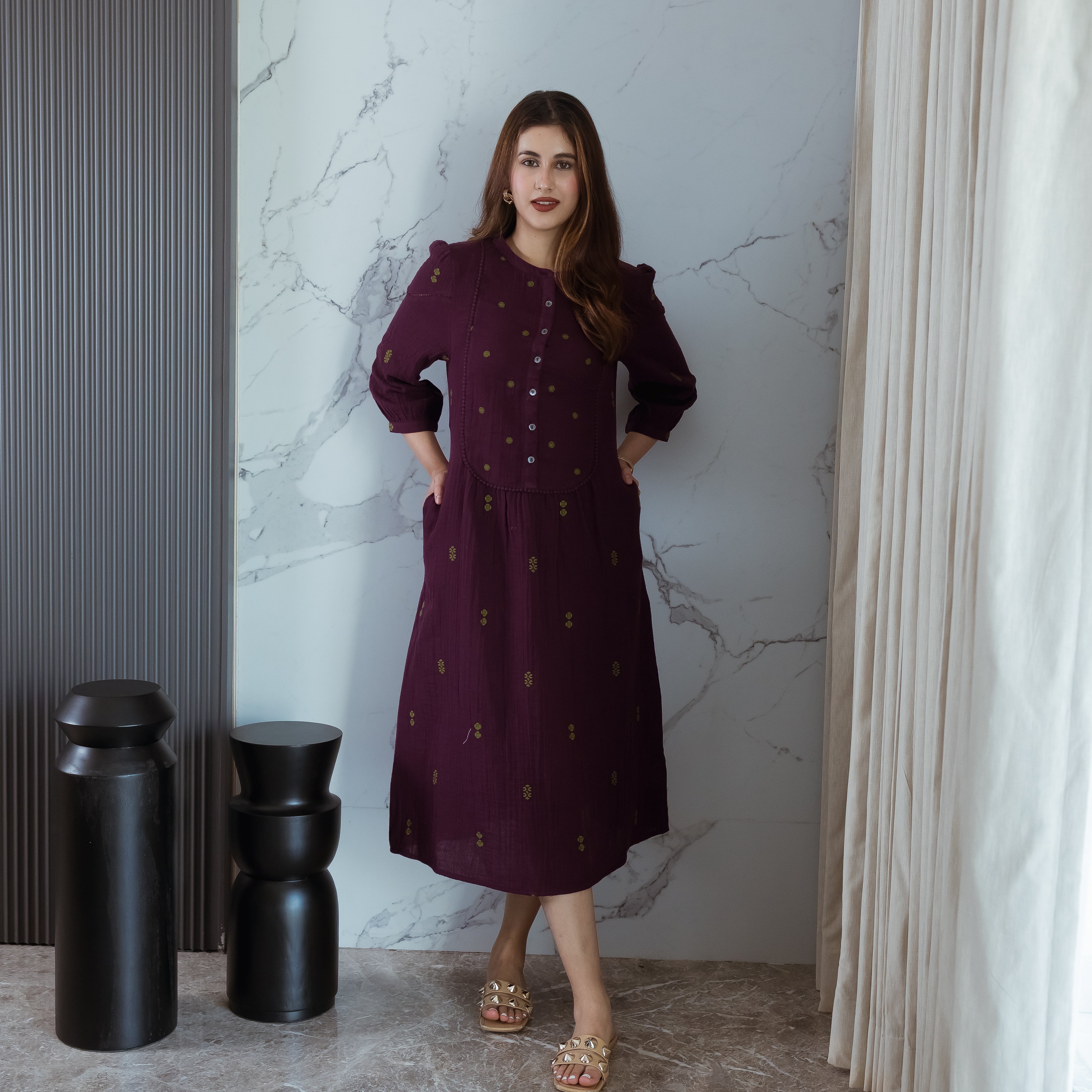 Wine Embroidered Dress (with sleeves)