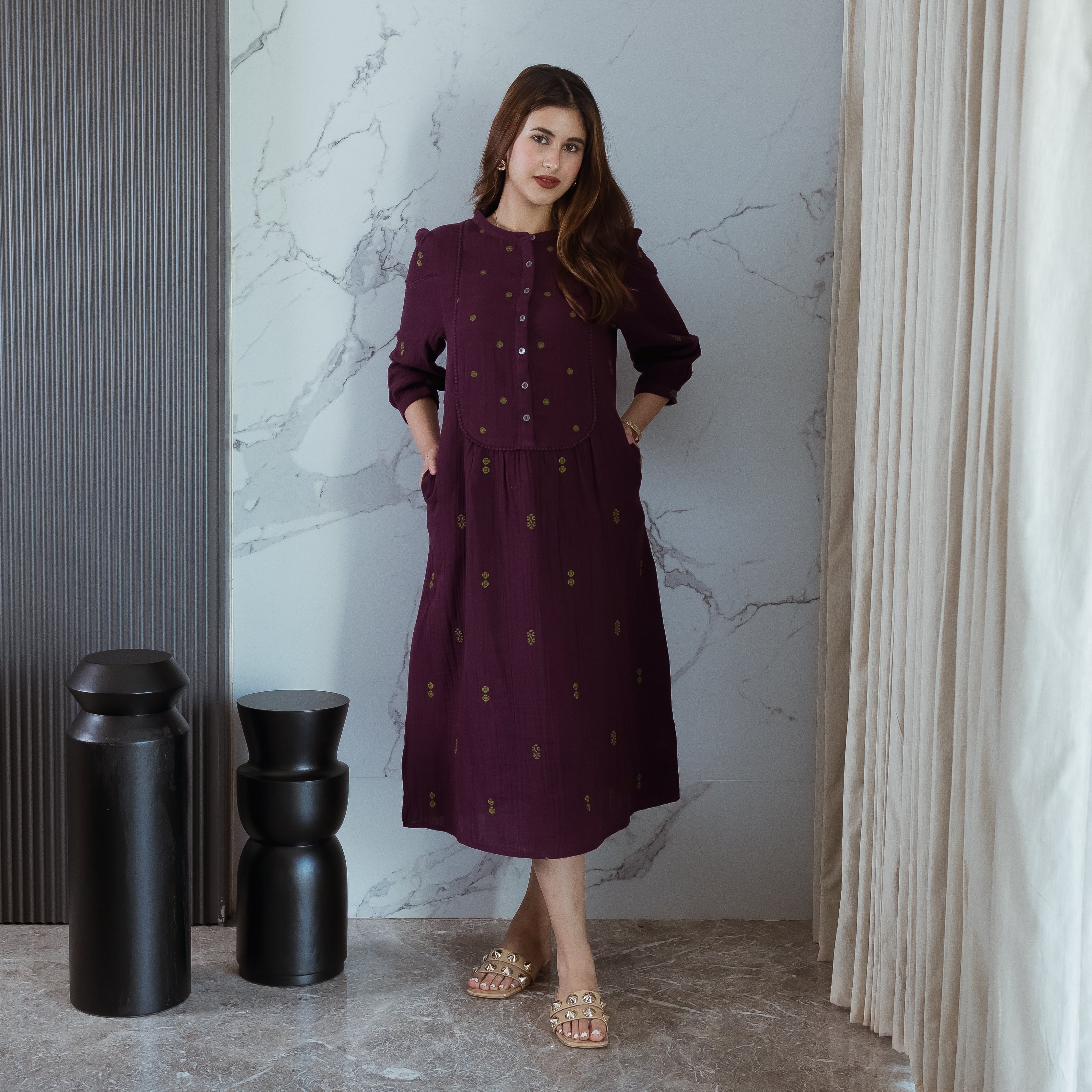 Wine Embroidered Dress (with sleeves)