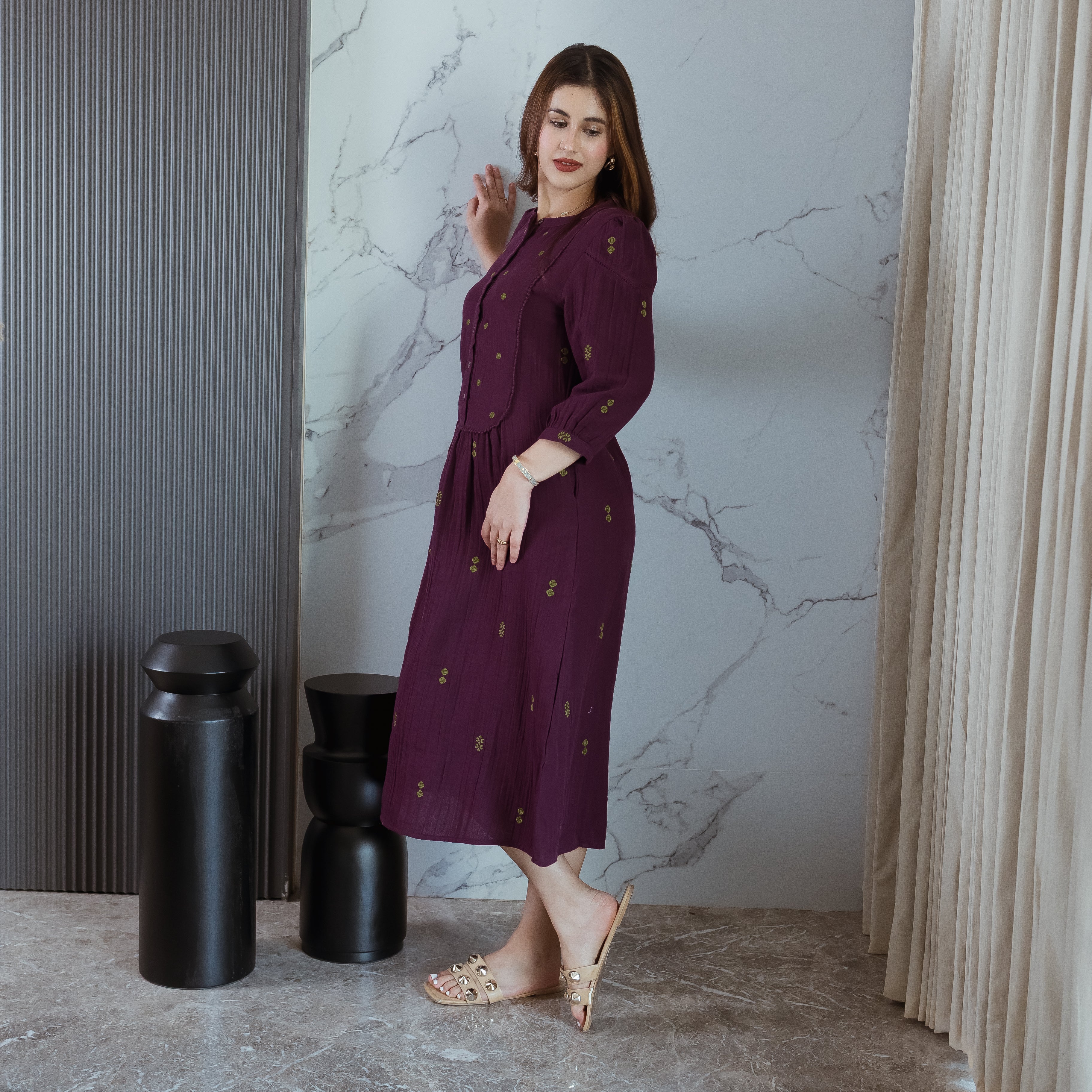 Wine Embroidered Dress (with sleeves)