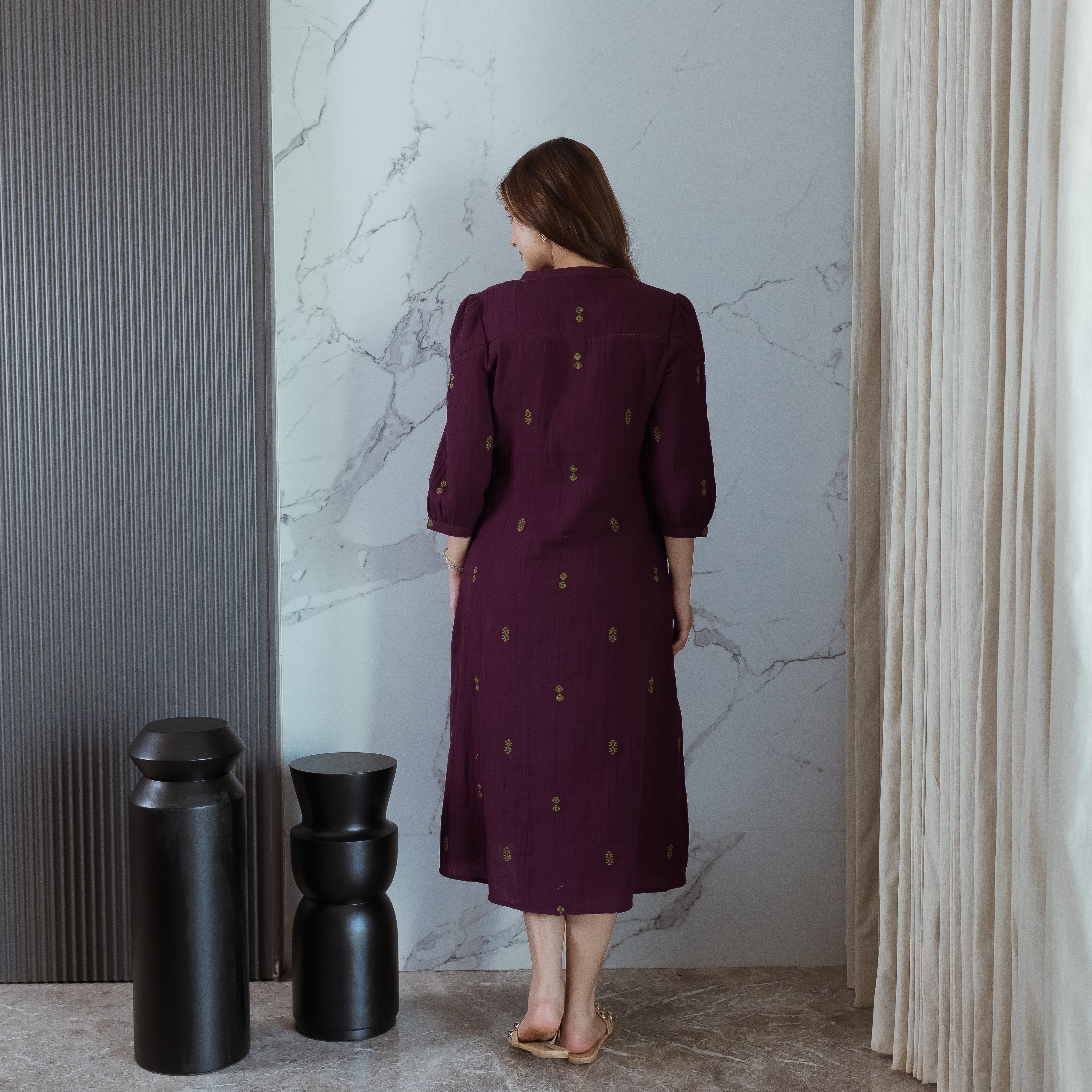 Wine Embroidered Dress (with sleeves)