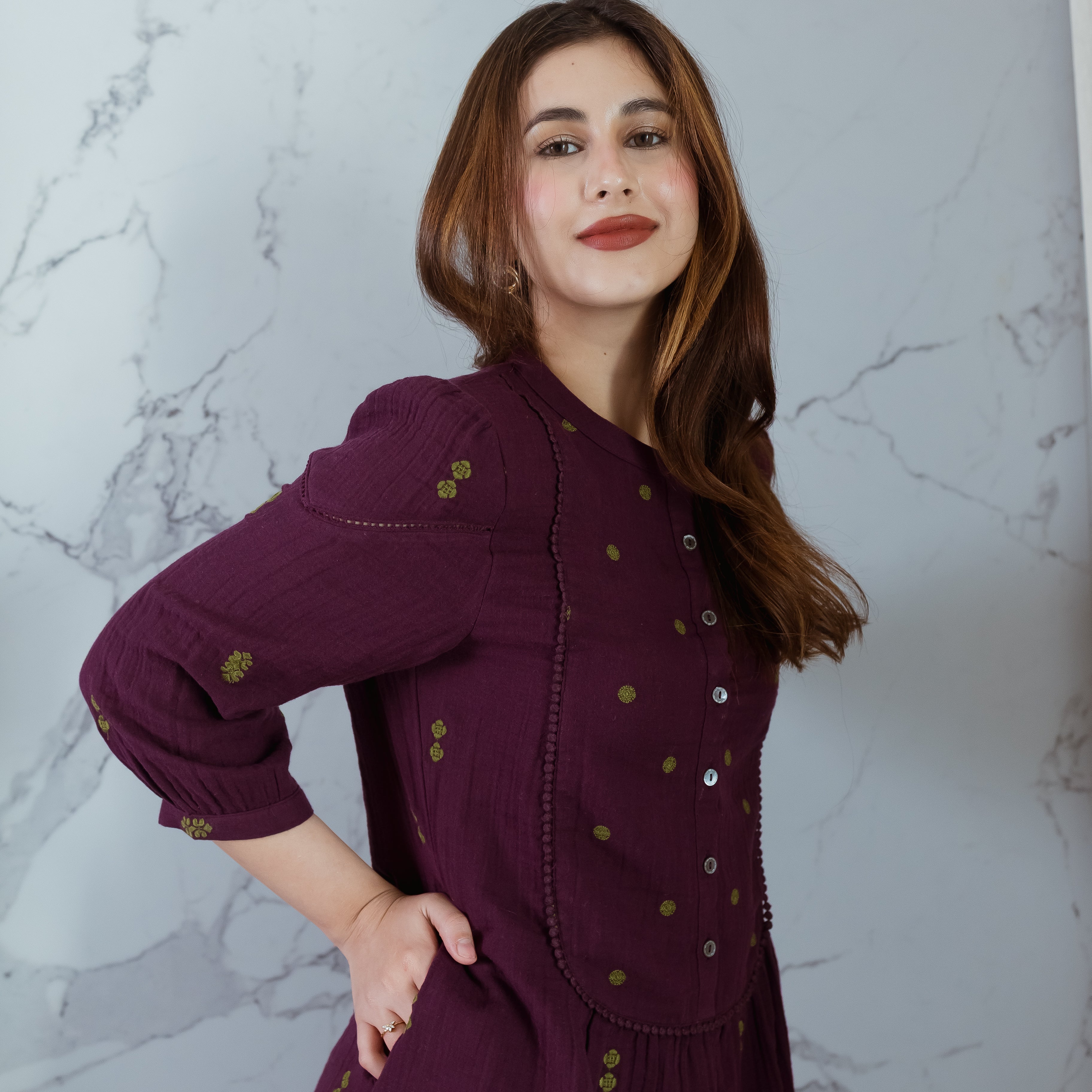 Wine Embroidered Dress (with sleeves)