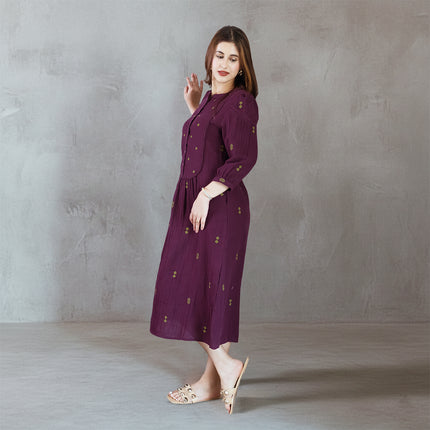 Wine Embroidered Dress (with Sleeves)