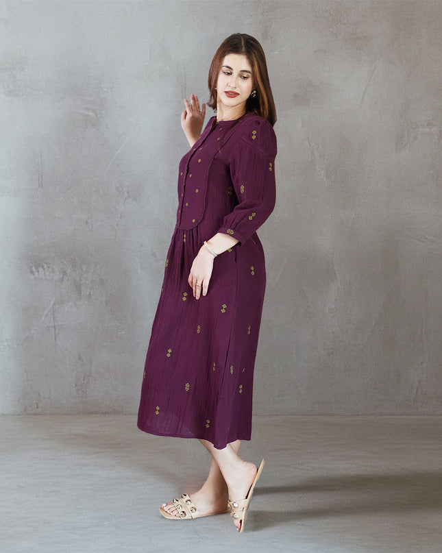 Wine Embroidered Dress (with Sleeves)