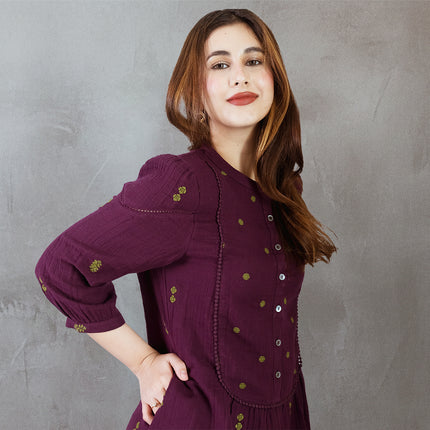 Wine Embroidered Dress (with Sleeves)