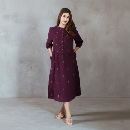 Wine Embroidered Dress (with Sleeves)