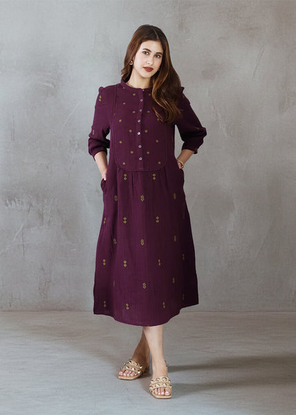 Wine Embroidered Dress (with Sleeves)