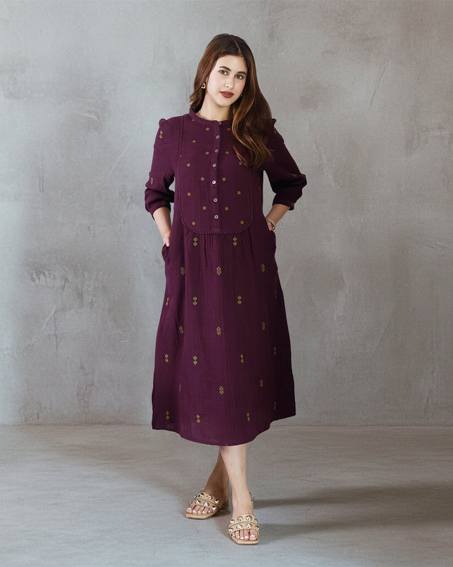 Wine Embroidered Dress (with Sleeves)