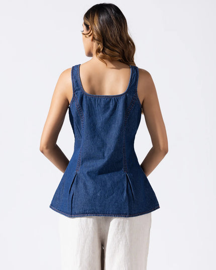 Zip and Flare Peplum Denim Top - Midnight Indigo Blue
