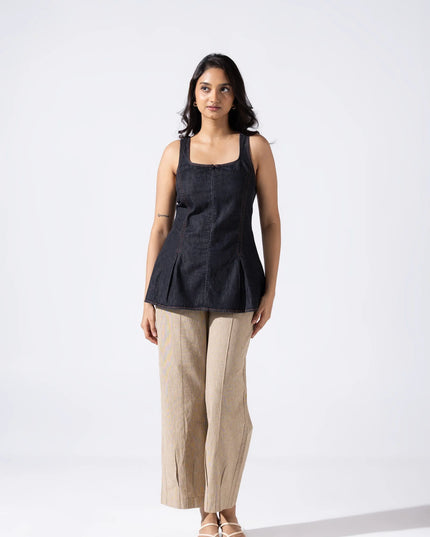 Zip and Flare Peplum Denim Top - Jet Black