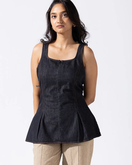 Zip and Flare Peplum Denim Top - Jet Black