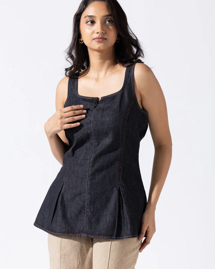 Zip and Flare Peplum Denim Top - Jet Black