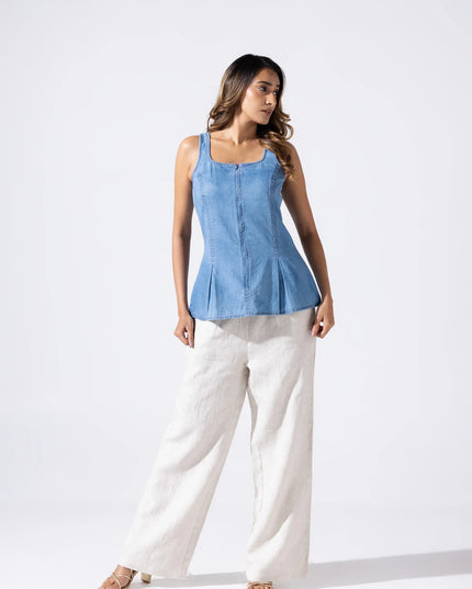 Zip and Flare Peplum Denim Top - Aqua Mist Blue