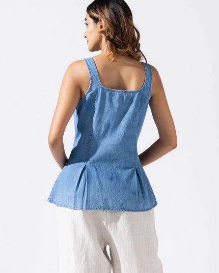 Zip and Flare Peplum Denim Top - Aqua Mist Blue