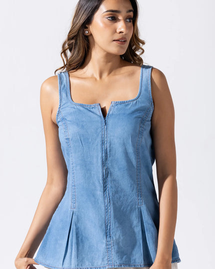 Zip and Flare Peplum Denim Top - Aqua Mist Blue