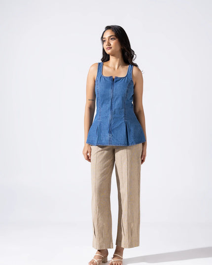 Zip and Flare Peplum Denim Top - Stone Wash Indigo