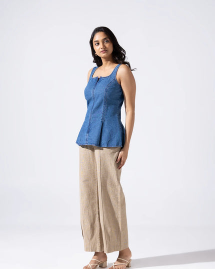Zip and Flare Peplum Denim Top - Stone Wash Indigo