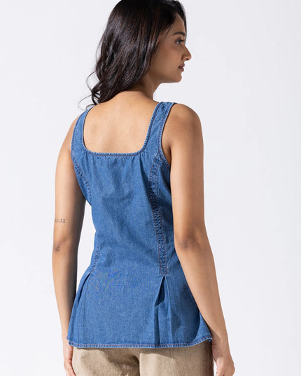 Zip and Flare Peplum Denim Top - Stone Wash Indigo