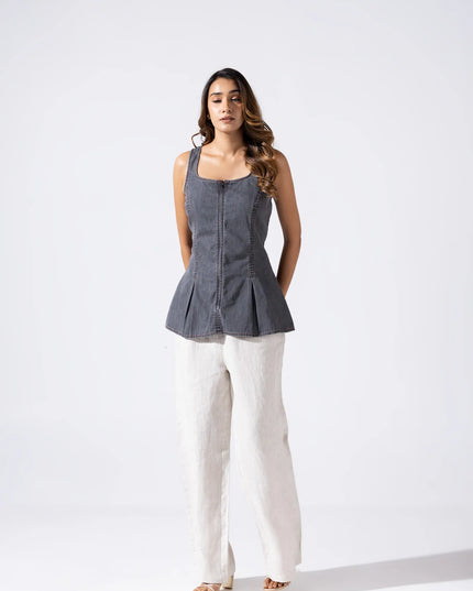 Zip and Flare Peplum Denim Top - Ash Grey