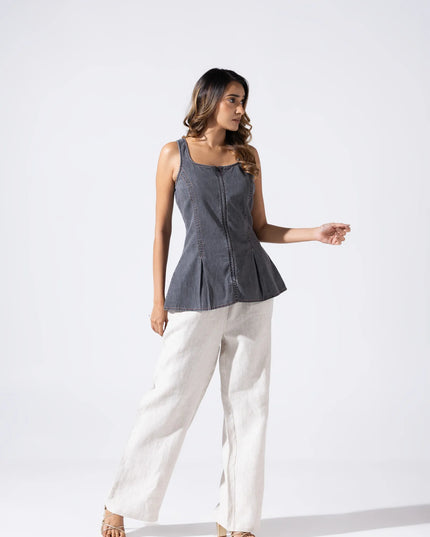 Zip and Flare Peplum Denim Top - Ash Grey