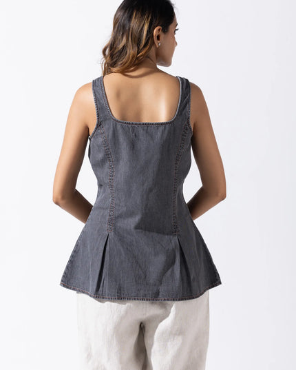 Zip and Flare Peplum Denim Top - Ash Grey