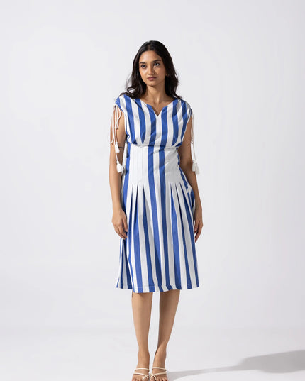 A-Line Tucked Midi Dress - Cobalt Blue Ivory