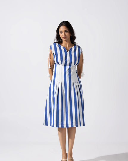 A-Line Tucked Midi Dress - Cobalt Blue Ivory
