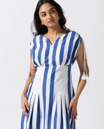 A-Line Tucked Midi Dress - Cobalt Blue Ivory
