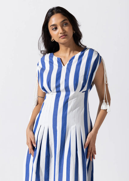 A-Line Tucked Midi Dress - Cobalt Blue Ivory