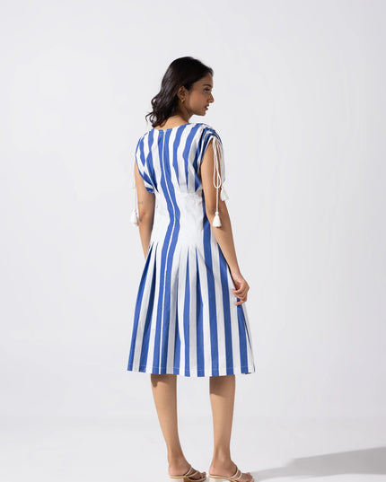 A-Line Tucked Midi Dress - Cobalt Blue Ivory