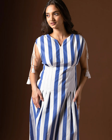 A-Line Tucked Midi Dress - Cobalt Blue Ivory