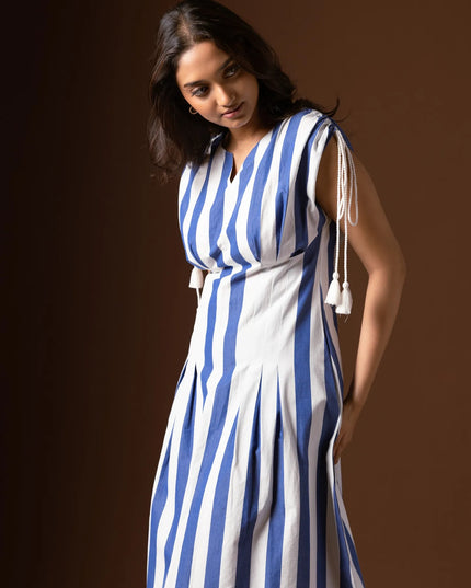 A-Line Tucked Midi Dress - Cobalt Blue Ivory