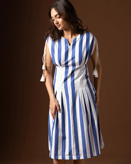 A-Line Tucked Midi Dress - Cobalt Blue Ivory