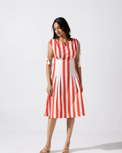 A-Line Tucked Midi Dress - Cherry Red Ivory