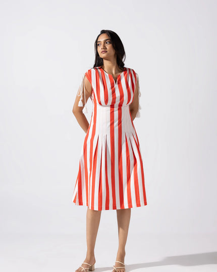 A-Line Tucked Midi Dress - Cherry Red Ivory