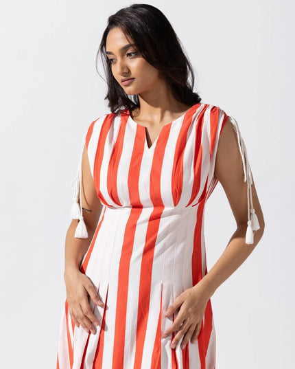 A-Line Tucked Midi Dress - Cherry Red Ivory