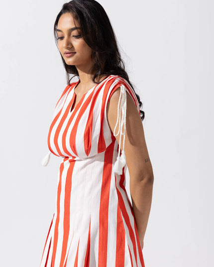 A-Line Tucked Midi Dress - Cherry Red Ivory