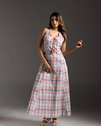 Scoop Neck Check Dress - Pastel Multi Check