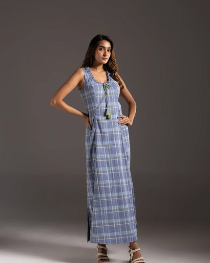 Scoop Neck Check Dress - Blue Grey Check