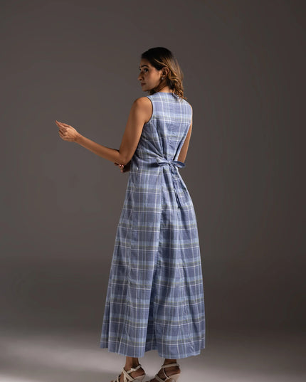 Scoop Neck Check Dress - Blue Grey Check