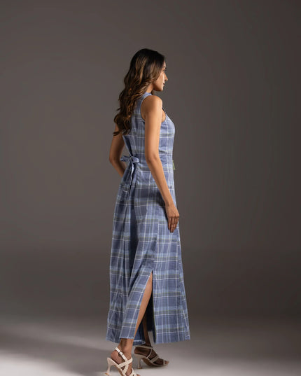 Scoop Neck Check Dress - Blue Grey Check