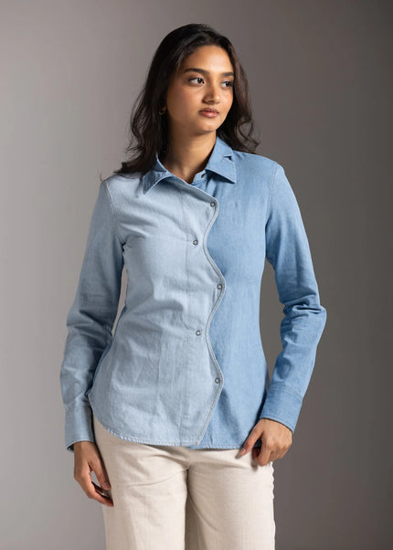 Half and Half Denim Shirt - Light Blue