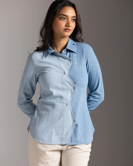 Half and Half Denim Shirt - Light Blue