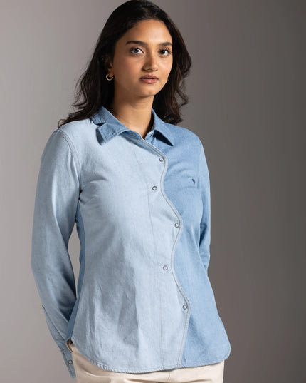 Half and Half Denim Shirt - Light Blue