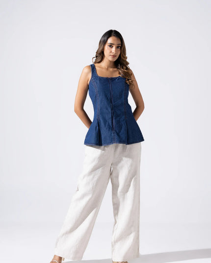 Zip and Flare Peplum Denim Top - Midnight Indigo Blue