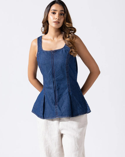 Zip and Flare Peplum Denim Top - Midnight Indigo Blue