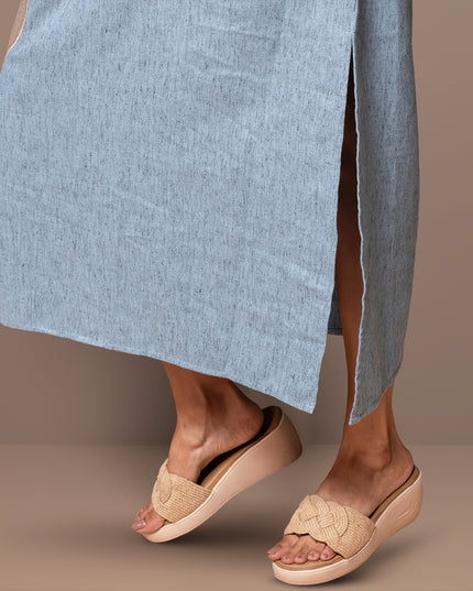 Chambray Appliqué Slit Dress