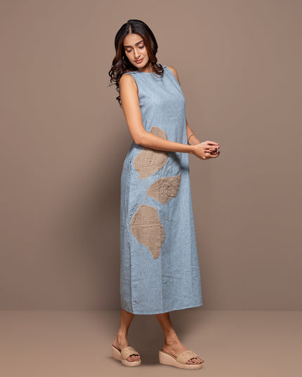 Chambray Appliqué Slit Dress