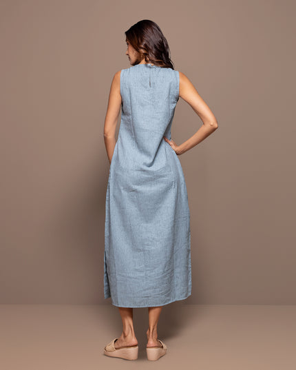 Chambray Appliqué Slit Dress
