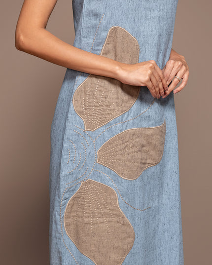 Chambray Appliqué Slit Dress