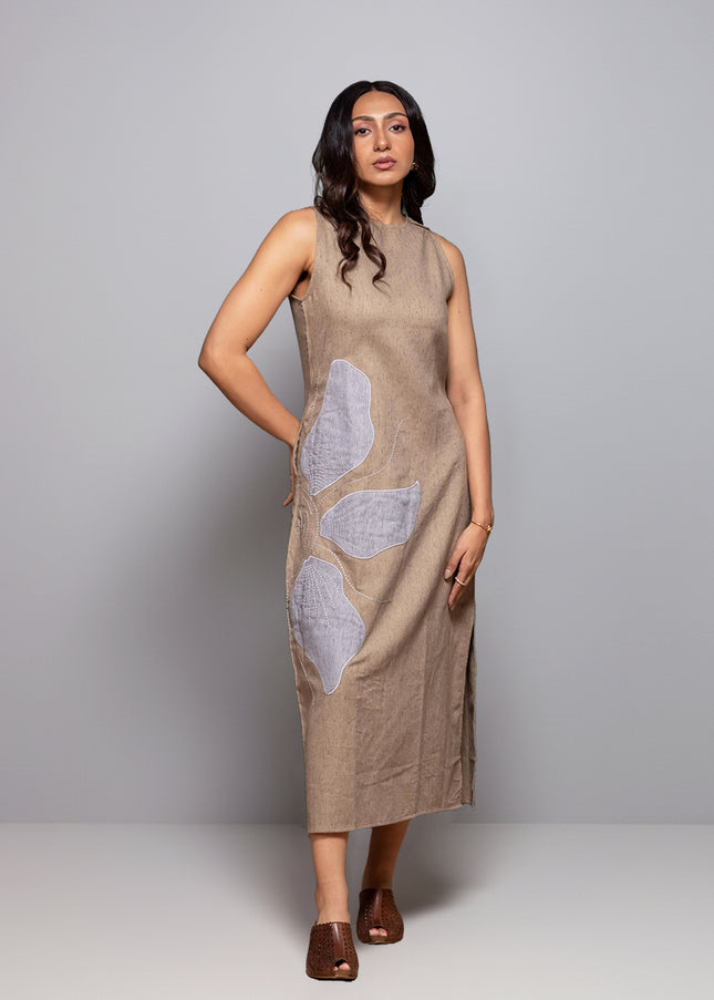 Chambray Appliqué Slit Dress